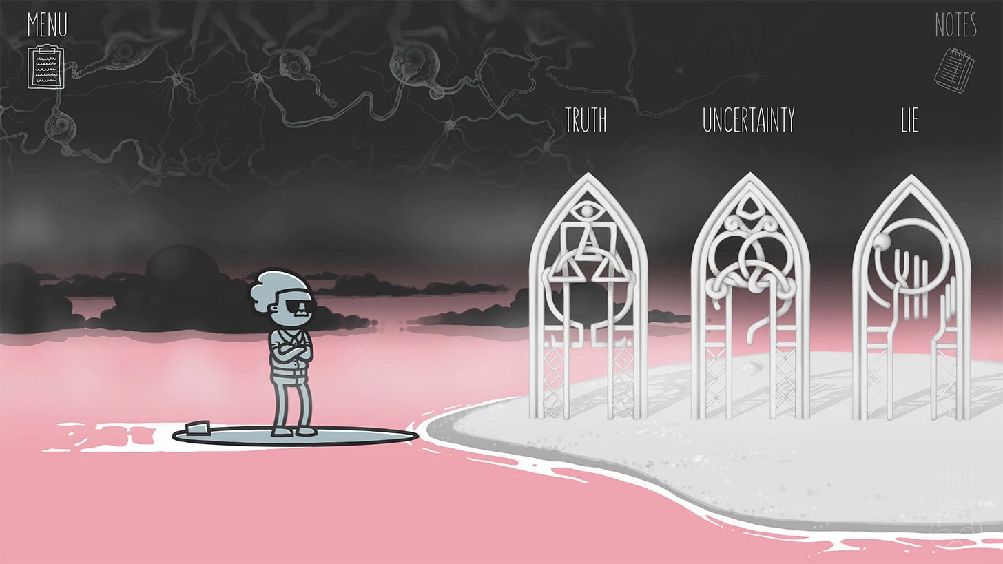 A divorced-looking dude with aviators, a mustache, and slicked-back hair rides a surfboard across a pink sea. Synapses fill the sky. Three doors on the shore say "Truth," "Uncertainty," and "Lie."