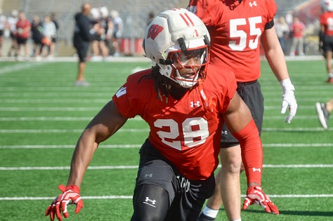 Wisconsin inside linebackers participate in individual position drills during the Badgers' spring football practice Saturday inside Camp Randall Stadium. 