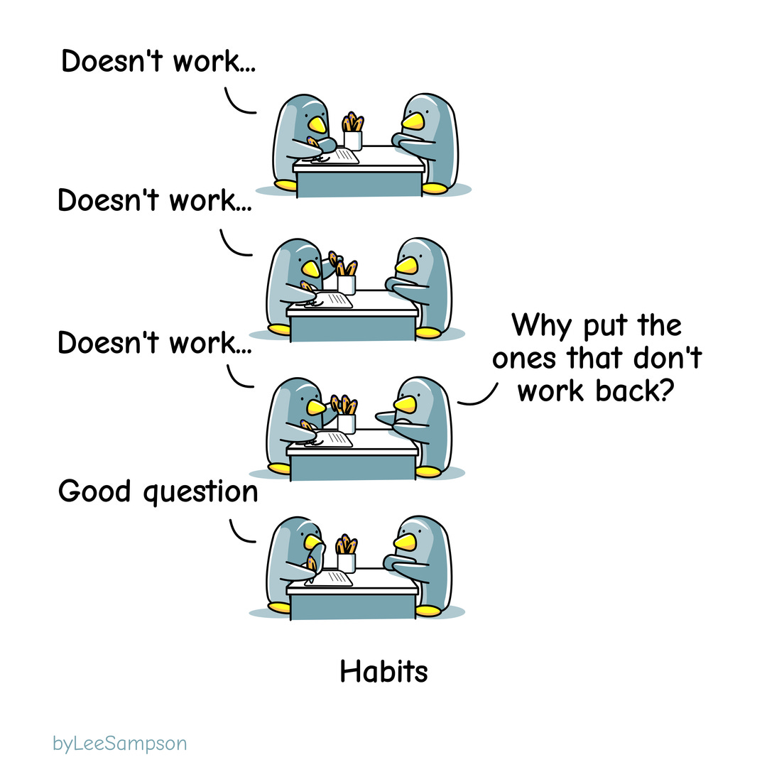 A leadership cartoon of a penguin trying many different pens and putting back the broken ones before finding one that works by Lee Sampson.