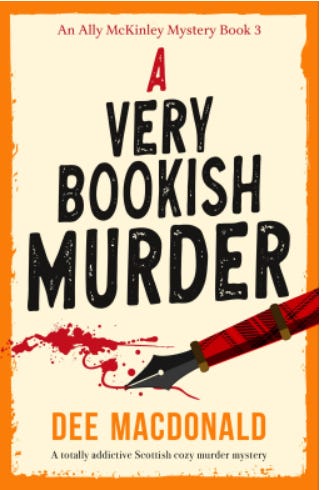 Book cover of A Very Bookish Murder by Dee MacDonald with an image of a fountain pen writing in red ink or blood