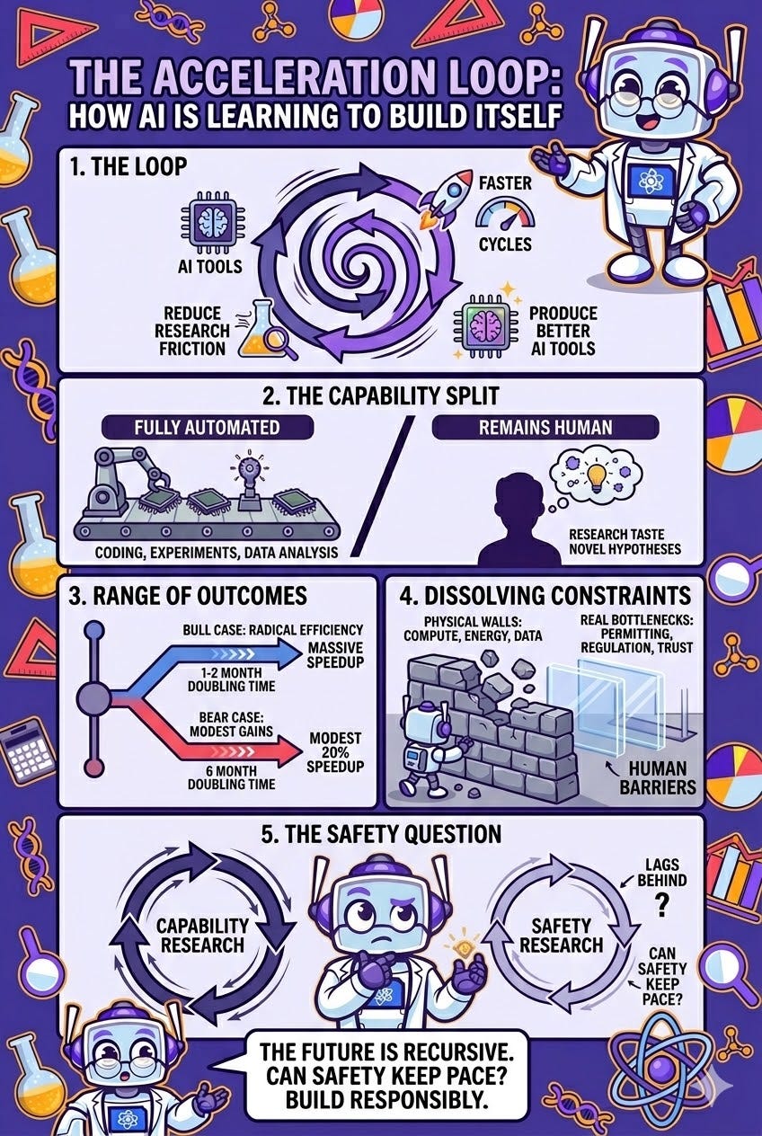 Infographic titled "The Acceleration Loop: How AI is learning to build itself," featuring a cartoon robot scientist. It outlines five concepts: the self-improving cycle of AI tools, the split between automated tasks and human ideation, the potential range of efficiency outcomes, how physical constraints are giving way to regulatory bottlenecks, and the concern that AI safety research is lagging behind capability research.