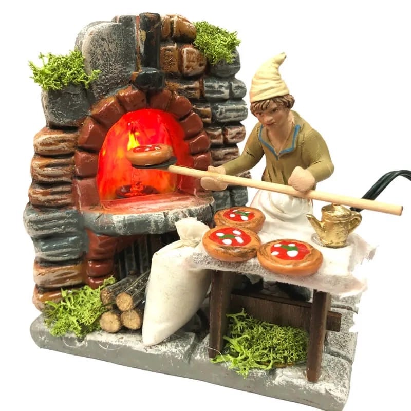 Pizzaiolo al forno che inforna la pizza 10 cm