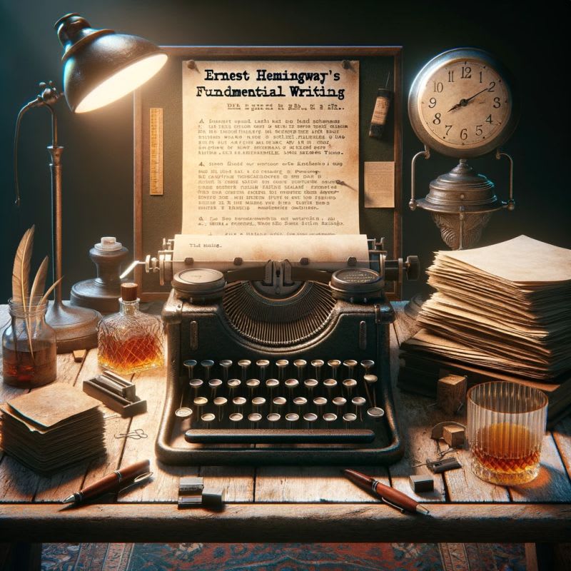 Imagem de uma mesa de escritor clássica com uma máquina de escrever antiga. No papel, lê-se “Ernest Hemingway’s Fundamental Writing”. Ao redor, há copo de uísque, canetas, folhas, relógio antigo e uma luminária, evocando o ambiente de escrita de Hemingway e seus princípios de estilo direto e conciso.
