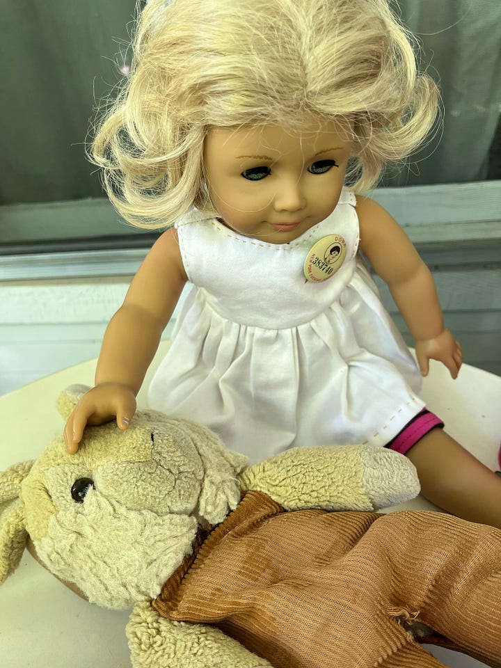 An American girl doll and a plush bunny rabbit.