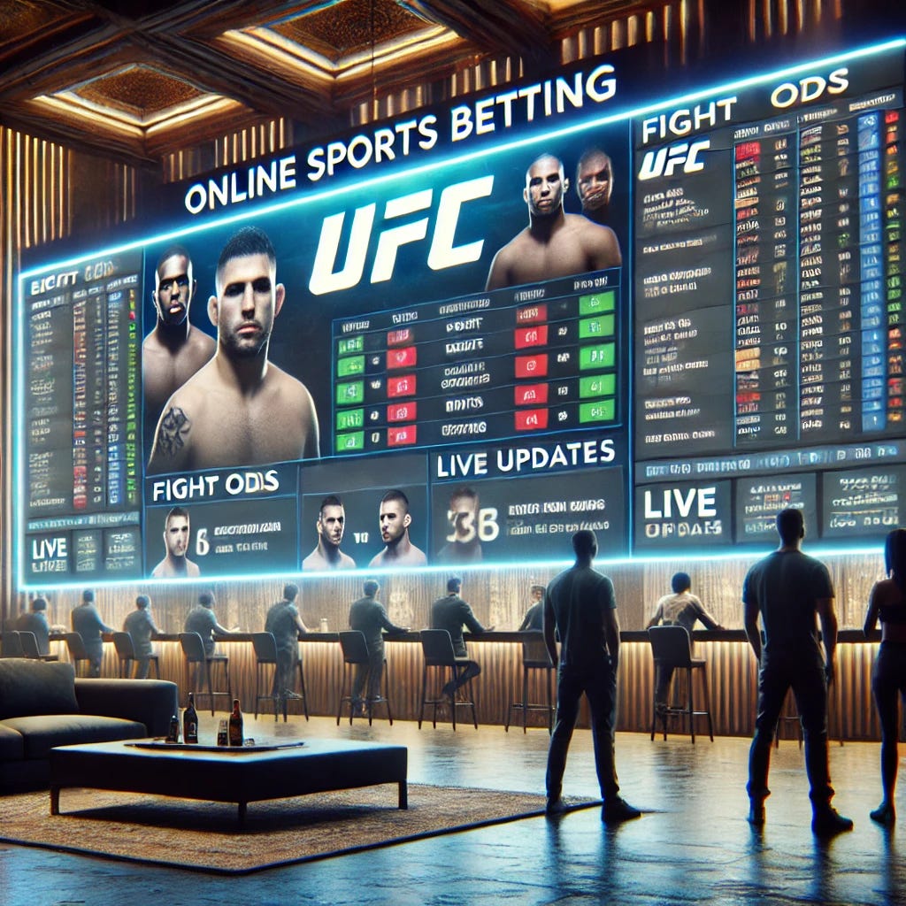 A realistic depiction of an online sports betting platform focusing on a UFC fight displayed on a large screen. The screen shows a vibrant and engaging betting interface, with clear and readable English text displaying fight odds, betting options, and live updates. A few people are standing nearby, attentively watching the screen. The UFC fighters' profiles, including their names, stats, and photos, are highlighted. The background features a sleek, modern room design with a subtle atmosphere of excitement. The scene is realistic and professional, emphasizing the UFC sports betting experience.