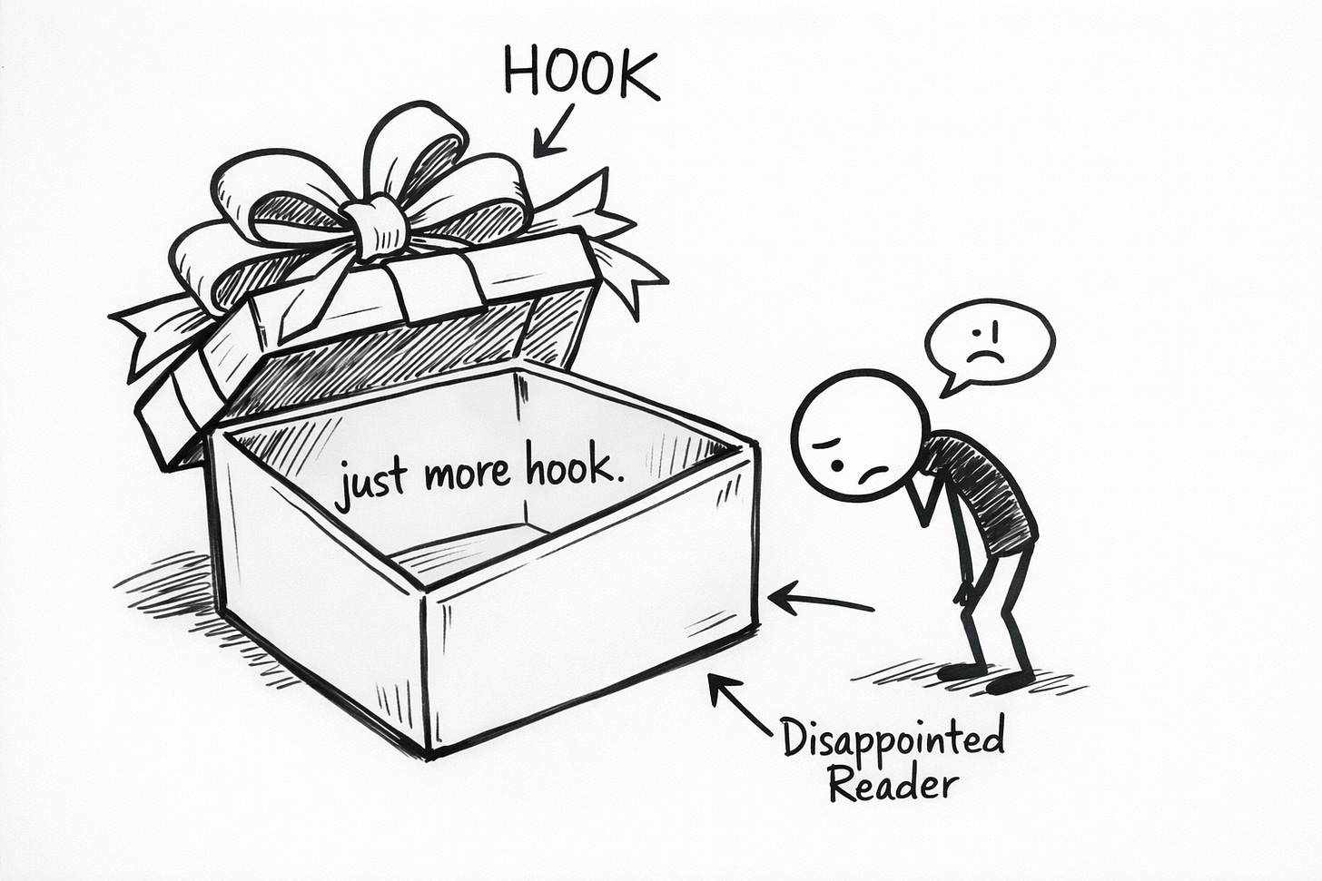 Hand-drawn black marker doodle of a gift box labeled “HOOK” with an elaborate bow on top, but the open box is empty except for the words “just more hook,” as a disappointed stick-figure reader looks inside—visual metaphor for hook-hollowed writing and content vapor.