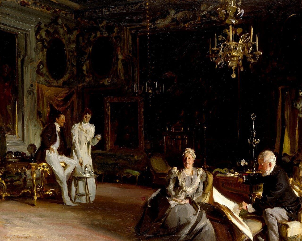 A young woman serving tea at the left of a tall dark room, with an older couple and a young man seated in the light from the windows A young woman serving tea at the left of a tall dark room, with an older couple and a young man seated in the light from the windows