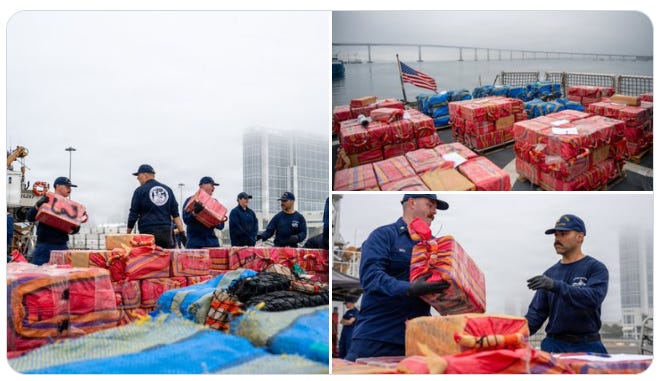 27,551 pounds of cocaine seized from three drug-smuggling boats in the Pacific Ocean are offloaded from the US Coast Guard Cutter Active on December 15, 2025.
