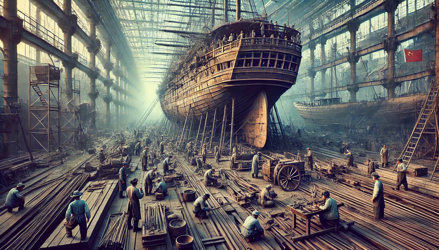A wide aspect ratio, real-life-like image of a Chinese ship being constructed in a shipyard in the year 1960. The scene captures the industrial atmosphere with workers in 1960s attire, using traditional tools and equipment to assemble the ship. The partially built vessel is surrounded by scaffolding, and workers are seen welding, hammering, and fitting parts. The background includes other ships in various stages of construction, and the overall atmosphere is one of intense labor and craftsmanship. The scene reflects the historical and cultural context of shipbuilding in China during that era.