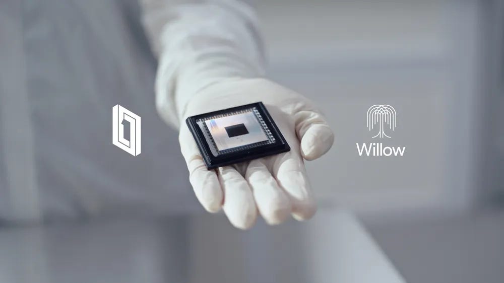 Hand in a white glove holding a square electronic sensor or microchip. White logos for Willow and a stylized geometric shape are overlaid on the image.