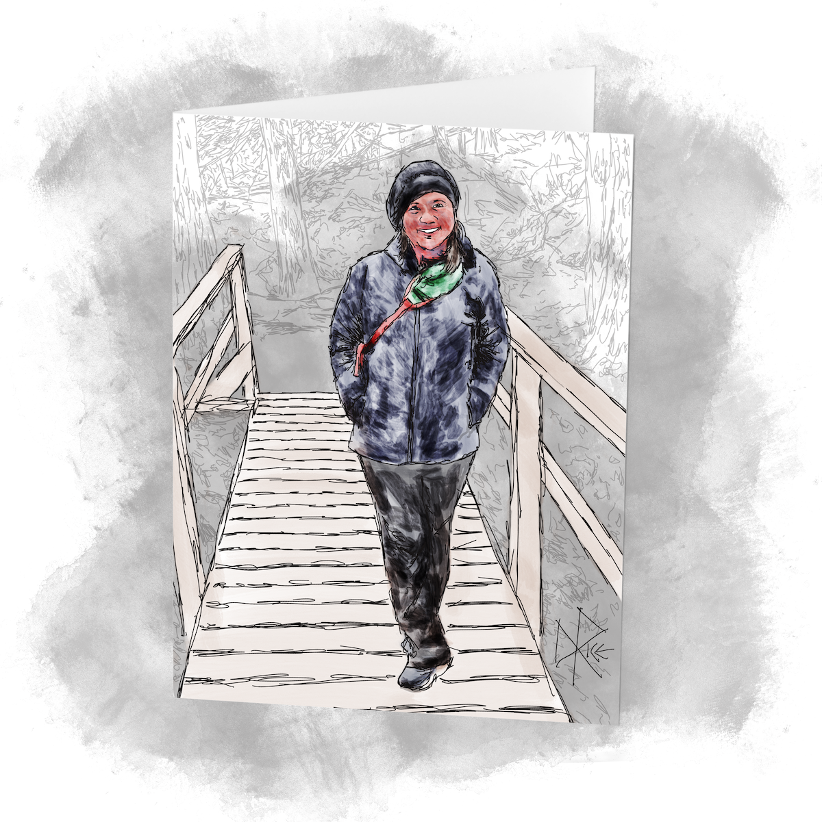 A woman, dressed for cool northern weather, walking over a foot bridge on a nature trail. Sketch art by Don Rice. A woman, dressed for cool northern weather, walking over a foot bridge on a nature trail. Sketch art by Don Rice.