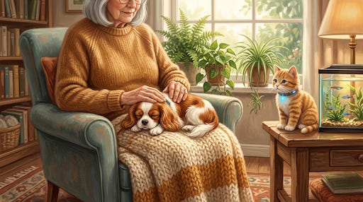 A woman with a dog in her lap.