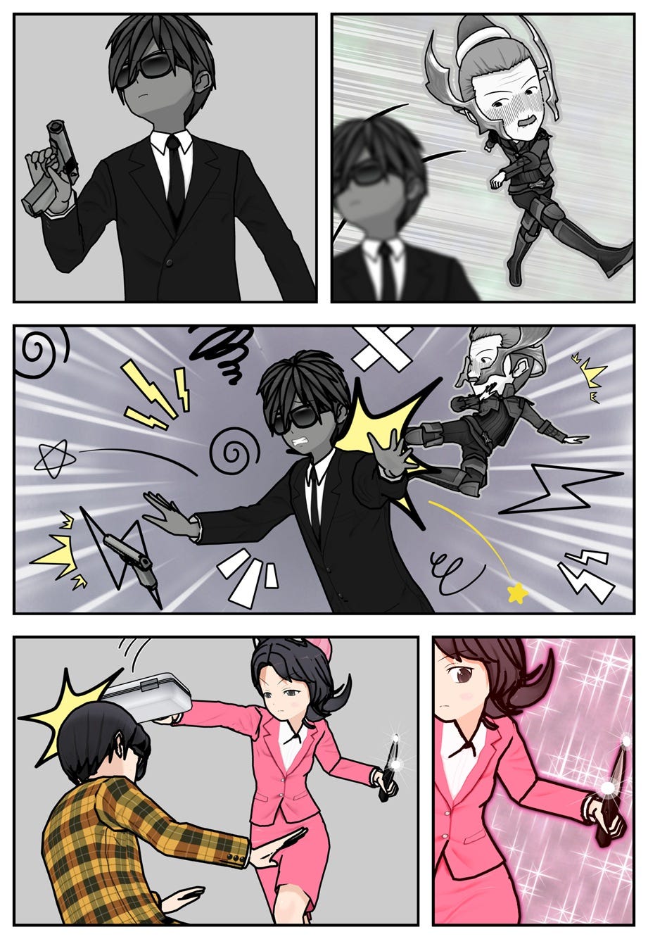Mouse kicks and disarms the agent from behind in an explosion of confetti and confusion, and Rae hits an Avarus minion with the briefcase while powering up with her knife.