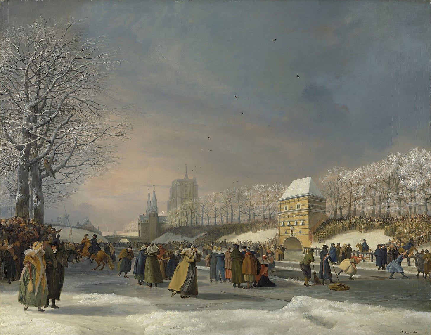 A frozen town canal lined with crowds in winter coats; in the middle two young women in short sleeves race side by side on skates, one throwing her arms up as she crosses the finish, while a boy watches from a bare tree. A frozen town canal lined with crowds in winter coats; in the middle two young women in short sleeves race side by side on skates, one throwing her arms up as she crosses the finish, while a boy watches from a bare tree.