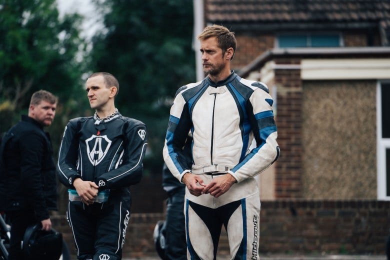 (L-R) Harry Melling and Alexander Skarsgård in "Pillion." (Photo provided by A24)