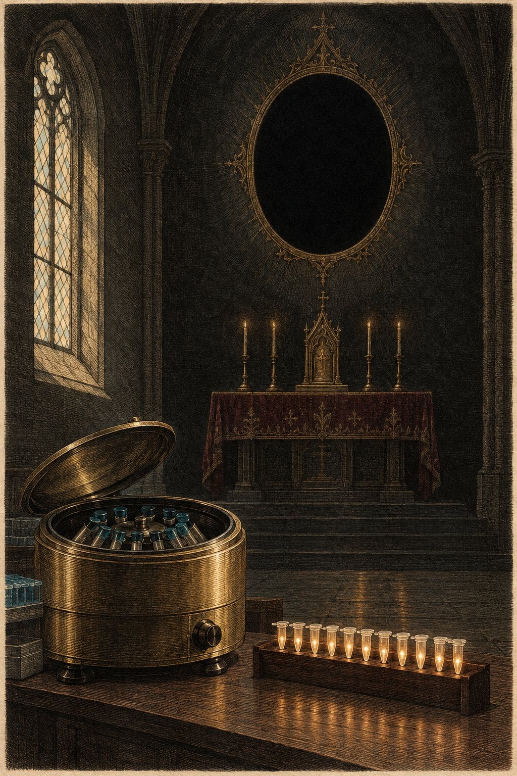 A chapel-like laboratory with PCR tubes glowing like votive candles beneath an empty dark oval.