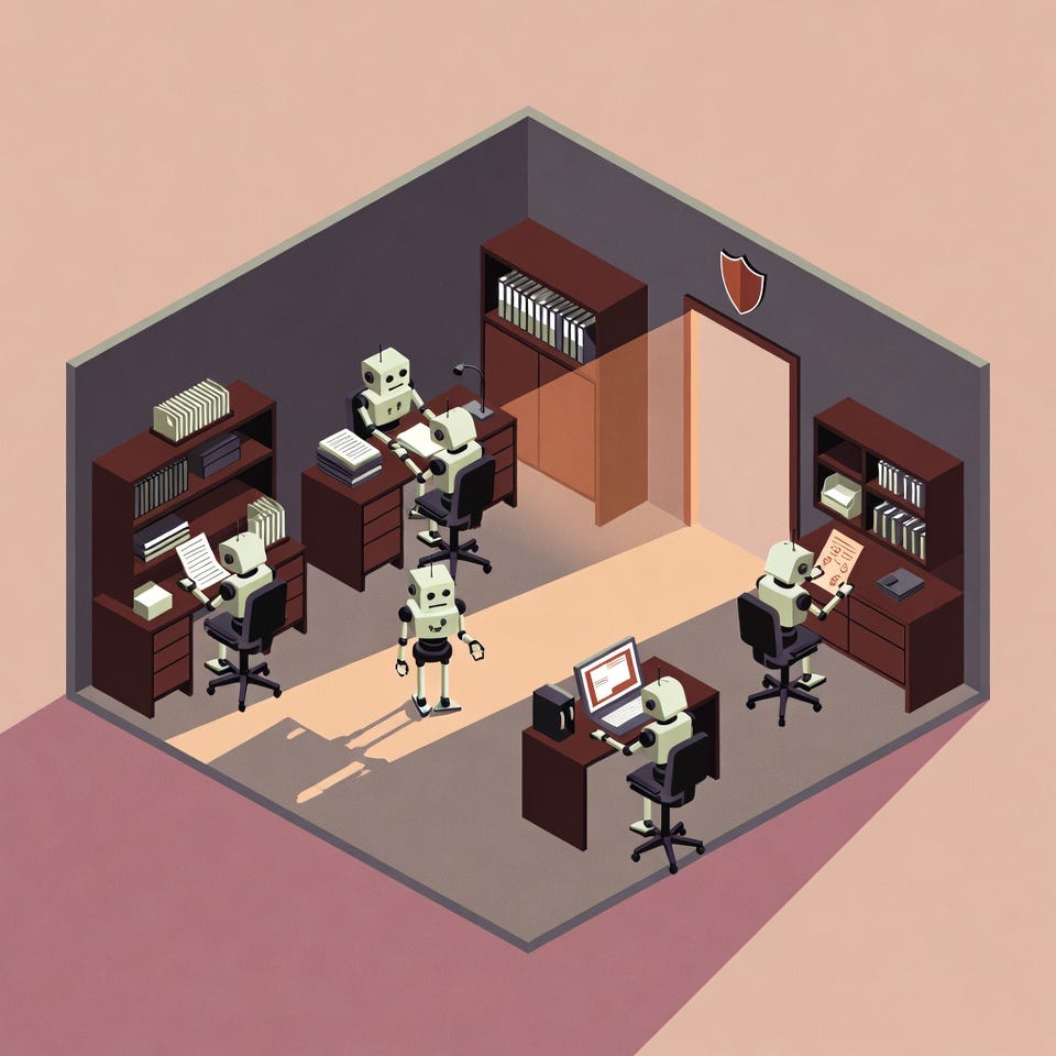 Editorial illustration in New Yorker style, conceptual, isometric perspective, muted earth tones, flat shading, geometric lighting, mid-century modern, minimalist, no text. A warm grey workspace seen from above with several small robots each doing something different at separate stations: one reading a document, one browsing a screen, one sorting files, one looking at a recipe card. Between them and the outside world, a single modest amber-glowing doorframe with a small shield icon. The doorframe is calm, not imposing. Long dusty pink shadows. Architectural framing, faceless, no people.