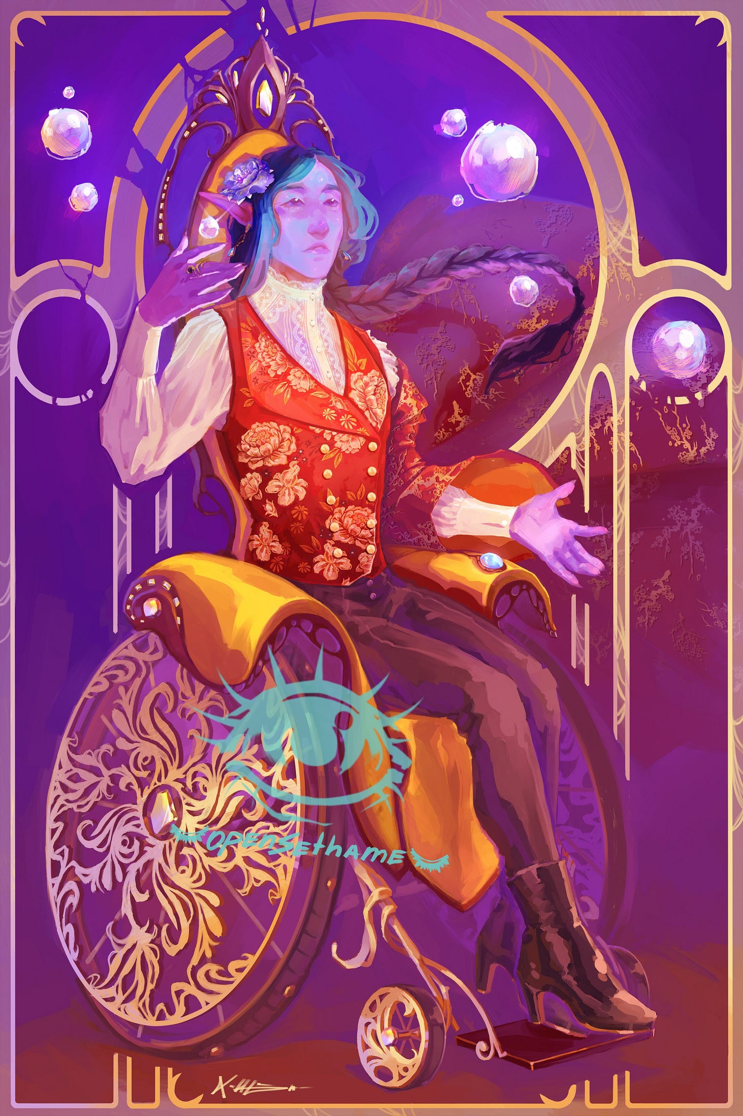 An illustration of Sebastian's D&D character Ptemfuzhi. He is an androgynous drow in an ornate golden combat wheelchair, with golden cushions, art nouveau filigree and glowing golden crystals all over the frame. She is wearing a lace blouse, a waistcoat made out of bright red and gold flower brocade, tight black trousers, and high heels. A matching red and gold patterned robe is hanging of one of her shoulders and billowing in the background dramatically. He has a large blue flower in his hair. Ptem is sitting upright with her hands raised, casting a spell that looks like ethereal glowing bubbles. The piece is framed in art nouveau style frame. An illustration of Sebastian's D&D character Ptemfuzhi. He is an androgynous drow in an ornate golden combat wheelchair, with golden cushions, art nouveau filigree and glowing golden crystals all over the frame. She is wearing a lace blouse, a waistcoat made out of bright red and gold flower brocade, tight black trousers, and high heels. A matching red and gold patterned robe is hanging of one of her shoulders and billowing in the background dramatically. He has a large blue flower in his hair. Ptem is sitting upright with her hands raised, casting a spell that looks like ethereal glowing bubbles. The piece is framed in art nouveau style frame.