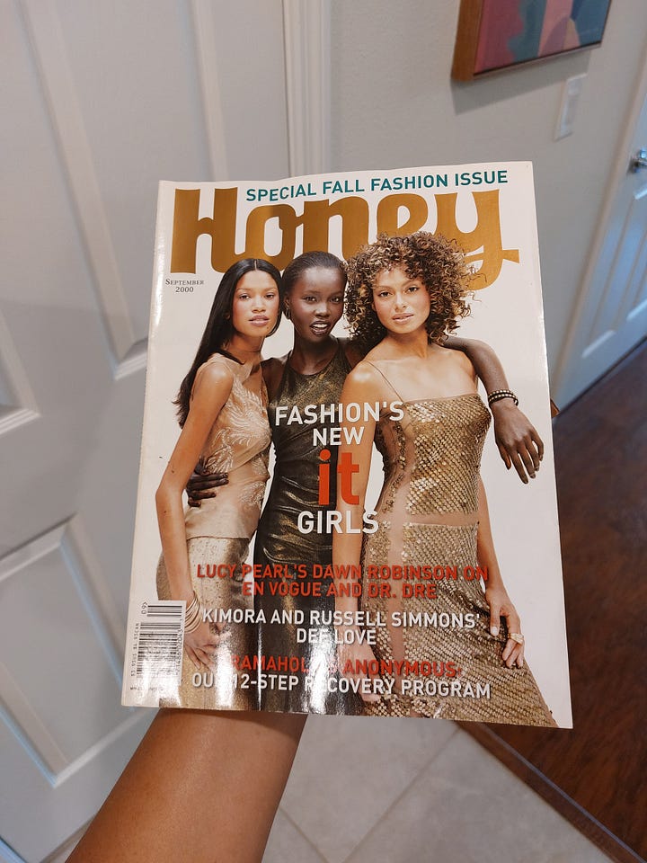 Four magazine covers. Each cover has the word Honey printed in different colors in the background, gold, pink, black, and pink. Each cover has one of the following women posing on the front, Brandy, Lil Kim, Free, and one has three models who aren't named on the cover.