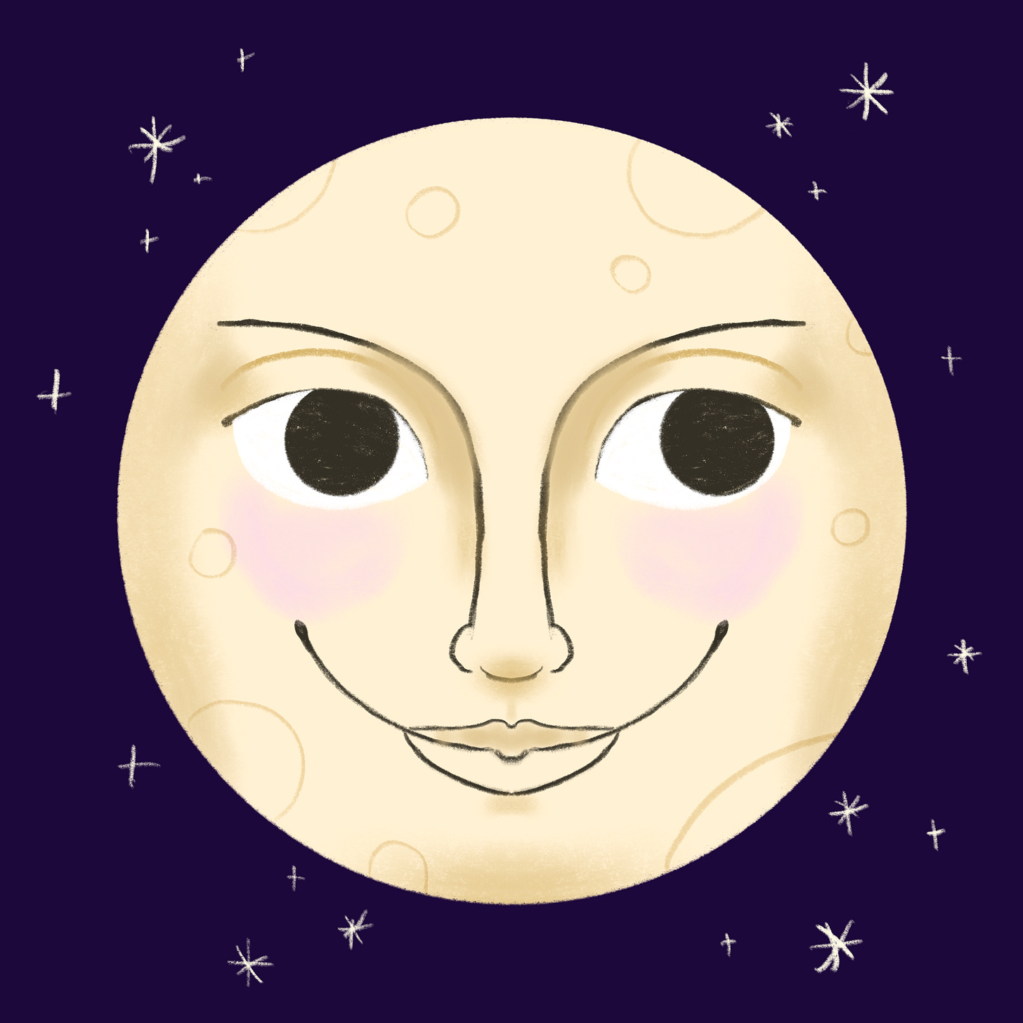 cosmolic artistic image of a full moon, in tarot style, digitally created by JL Tooker, against a deep blue sky dotted with off-white star shapes cosmolic artistic image of a full moon, in tarot style, digitally created by JL Tooker, against a deep blue sky dotted with off-white star shapes