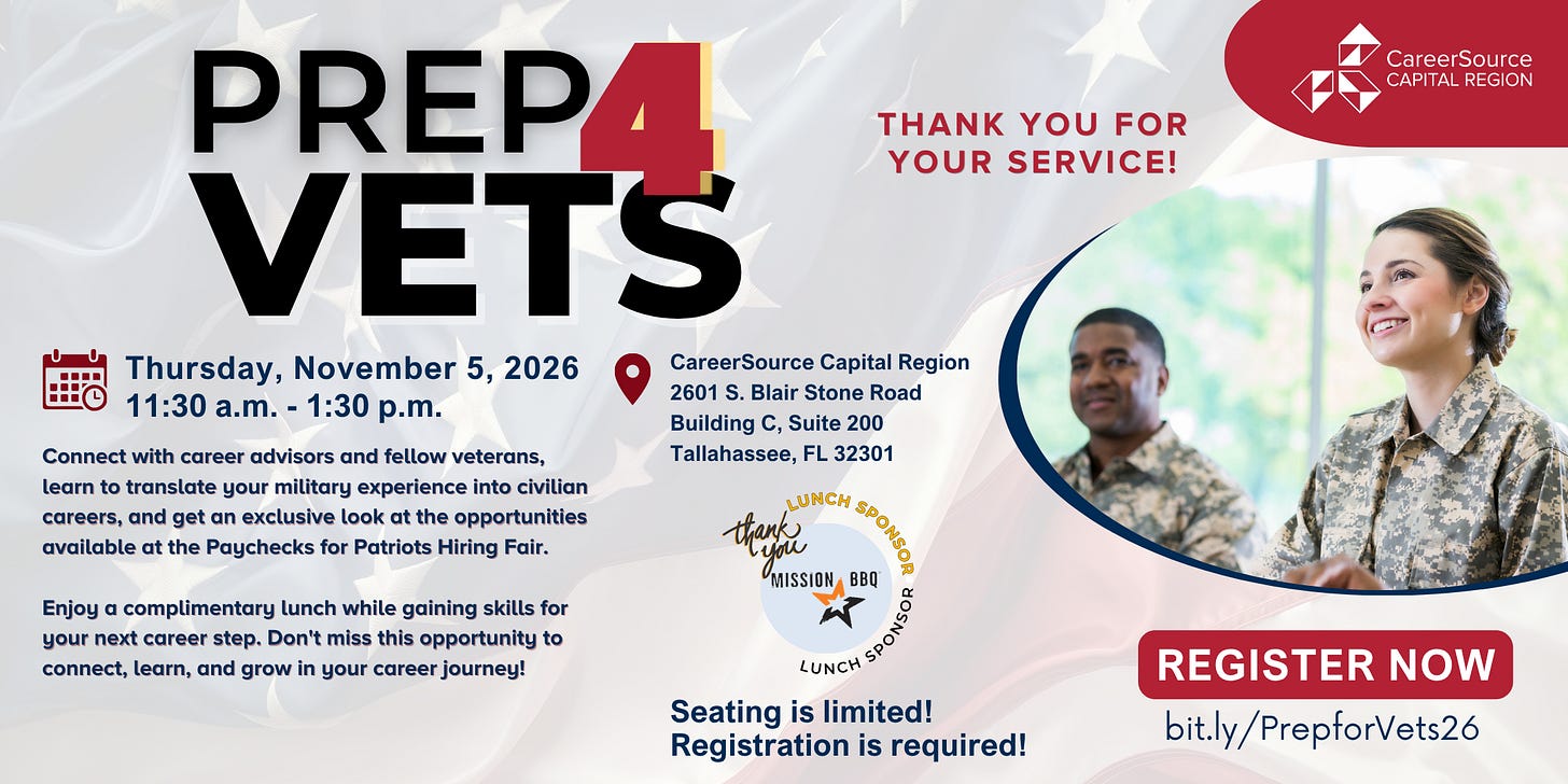 A promotional flyer with an American flag-themed background advertising “PREP 4 VETS” by CareerSource Capital Region, with the headline “THANK YOU FOR YOUR SERVICE!” It lists the event as Thursday, November 5, 2026, 11:30 a.m.–1:30 p.m., located at CareerSource Capital Region, 2601 S. Blair Stone Road, Building C, Suite 200, Tallahassee, FL 32301. The flyer mentions connecting with career advisors and veterans, translating military experience into civilian careers, and opportunities at the Paychecks for Patriots Hiring Fair, plus complimentary lunch. A “Lunch Sponsor” badge shows Mission BBQ. On the right is a photo of two service members in camouflage uniforms, and a red “REGISTER NOW” button with the link “bit.ly/PrepforVets26,” along with “Seating is limited! Registration is required!”
