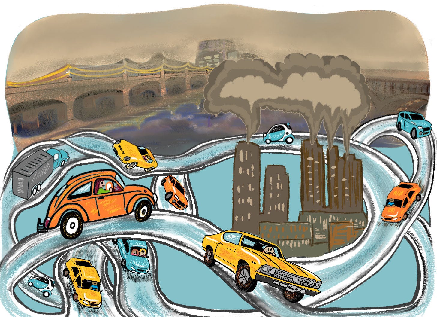 This image shows an illustration with the following factors that lead to poor air quality:  1. Vehicle emissions 2.Industrial emissions