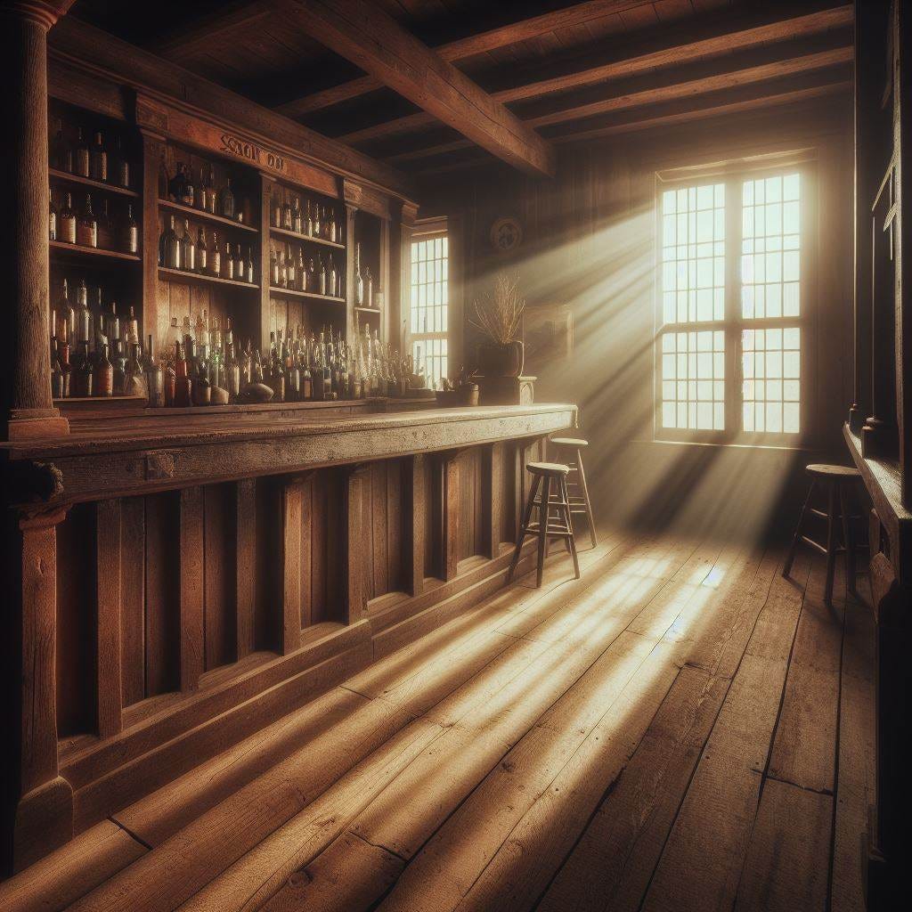 Old west bar room, dusty shafts of light coming through paned windows, wood floor, rough-cut planks making up the bar Old west bar room, dusty shafts of light coming through paned windows, wood floor, rough-cut planks making up the bar
