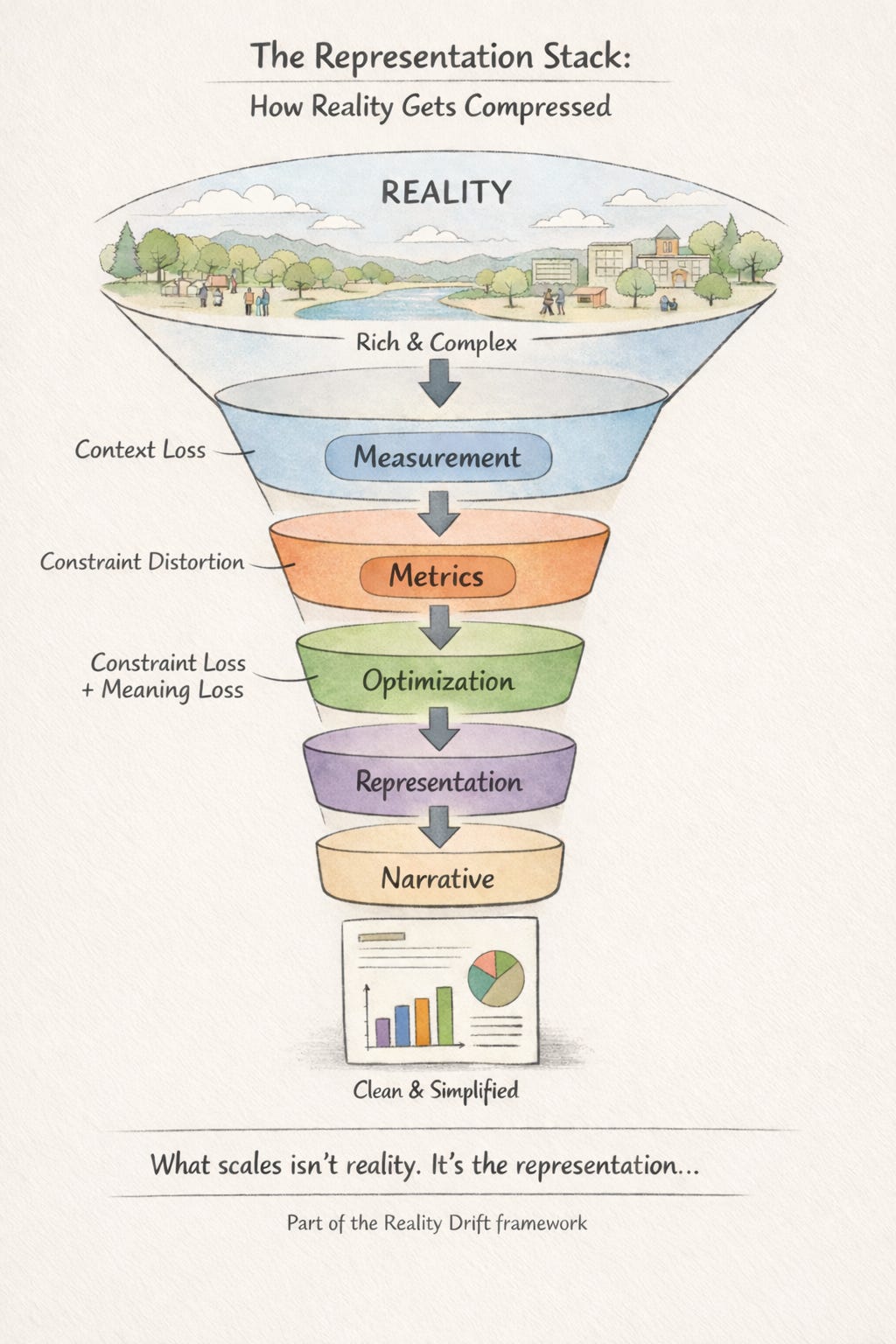 Visual framework map titled “The Representation Stack: How Reality Gets Compressed,” showing reality compressed through measurement, metrics, optimization, representation, and narrative. The diagram explains context loss, constraint distortion, meaning loss, and how clean simplified outputs can replace contact with complex reality. Part of the Reality Drift framework.