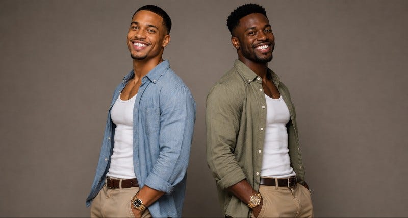 Light-skinned and dark-skinned black men in casual attire smiling