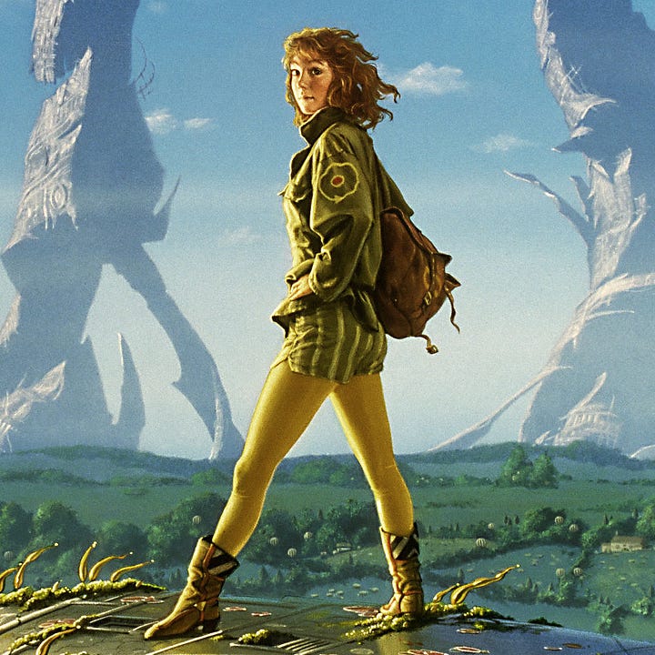 LEFT: Detail from ARKADY featuring a young woman with red hair standing on a metal platform set against a pastoral backdrop and blue skies. One foot is forward to form an inverted V with her legs, echoing the form of the ruined towers behind her. RIGHT: Close detail from ARKADY featuring a young woman wearing an olive green jacket. On the sleeve is a diagram with red circle at the center and one ring around it. A directional arrow at the bottom points counter clockwise. Her shorts are the same olive green, but with yellow stripes. She wears yellow tights underneath. Her low leather boots have black warning stripes at the back. A leather bag is slung over her far shoulder. Her hand rests on her hip as she turns her head toward the audience.