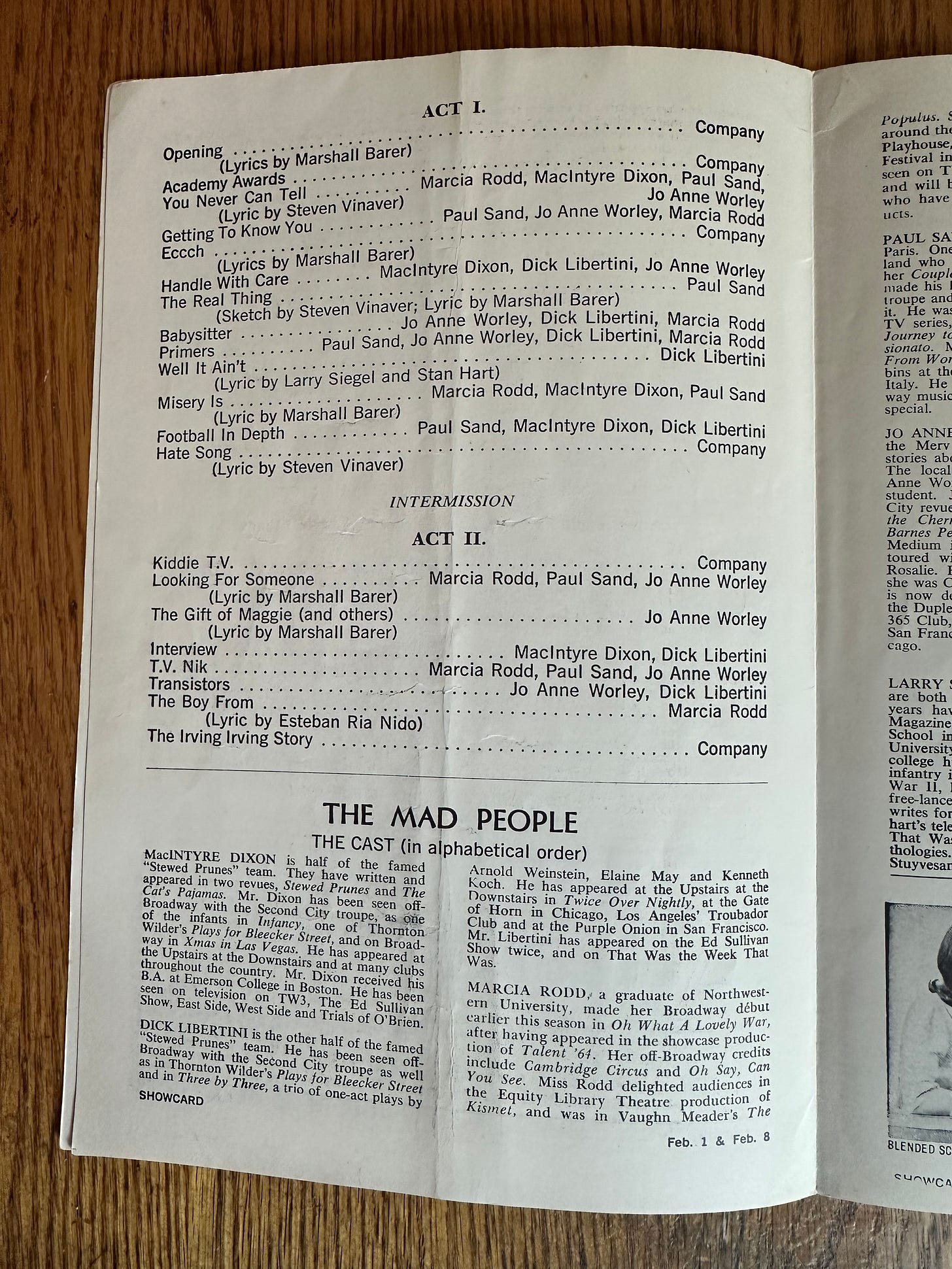 Musical numbers and performers from The MAD Show program.