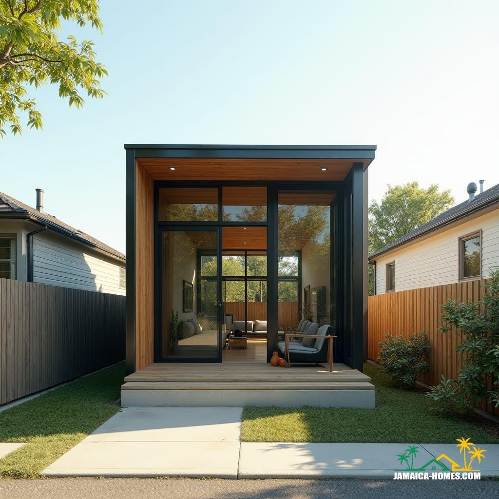 Urban Steel-Clad Mini Home Design: Single-level steel-frame module with concrete floor