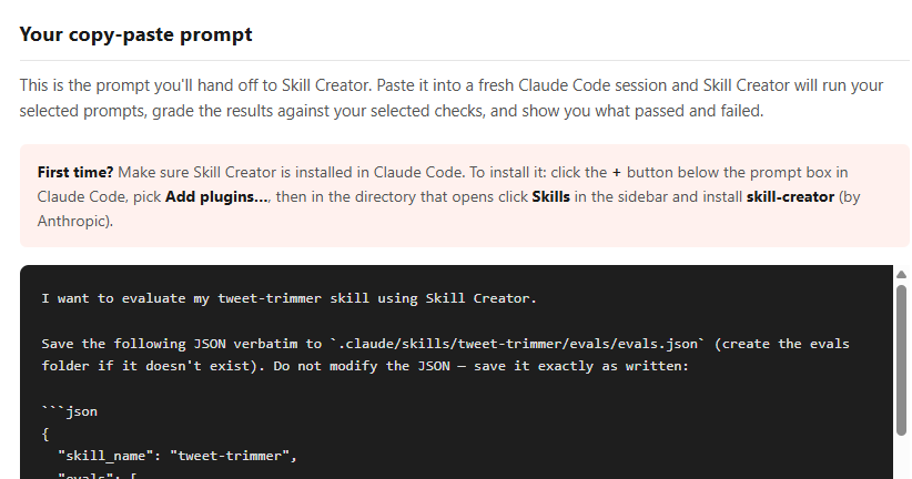 Eval Maker's Your Copy-Paste Prompt section: a single ready-to-paste instruction that tells Skill Creator to evaluate the tweet-trimmer skill, save the generated JSON to a specified evals.json path, and run the selected prompts and checks.