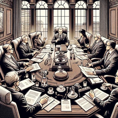DALL·E 2024-03-22 22.15.30 - Create an image in a 1990s comic style, reminiscent of newspaper prints, with a square aspect ratio. The scene should capture a board meeting in progr copy.png