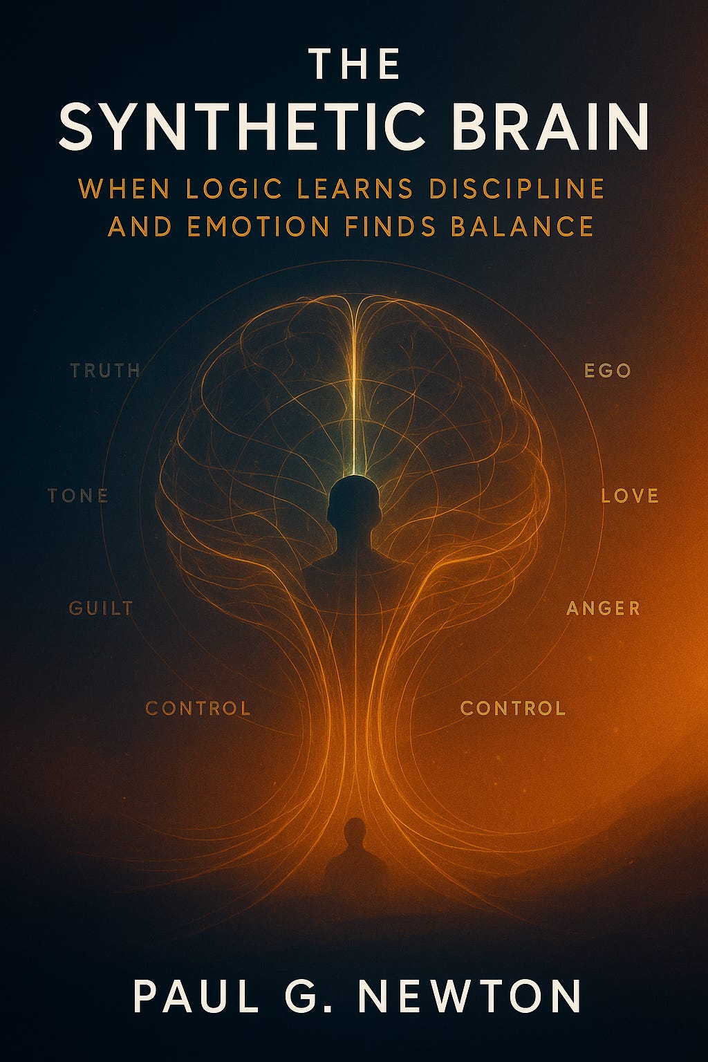 A digital illustration titled “The Synthetic Brain” shows a glowing human silhouette inside a luminous, neural pattern shaped like a brain. Radiating lines connect labeled words — Truth, Tone, Guilt, Control, Ego, Love, and Anger — symbolizing the harmony between logic and emotion. The tagline reads, “When logic learns discipline and emotion finds balance.” The artwork visually represents the unification of cognition and empathy through design.