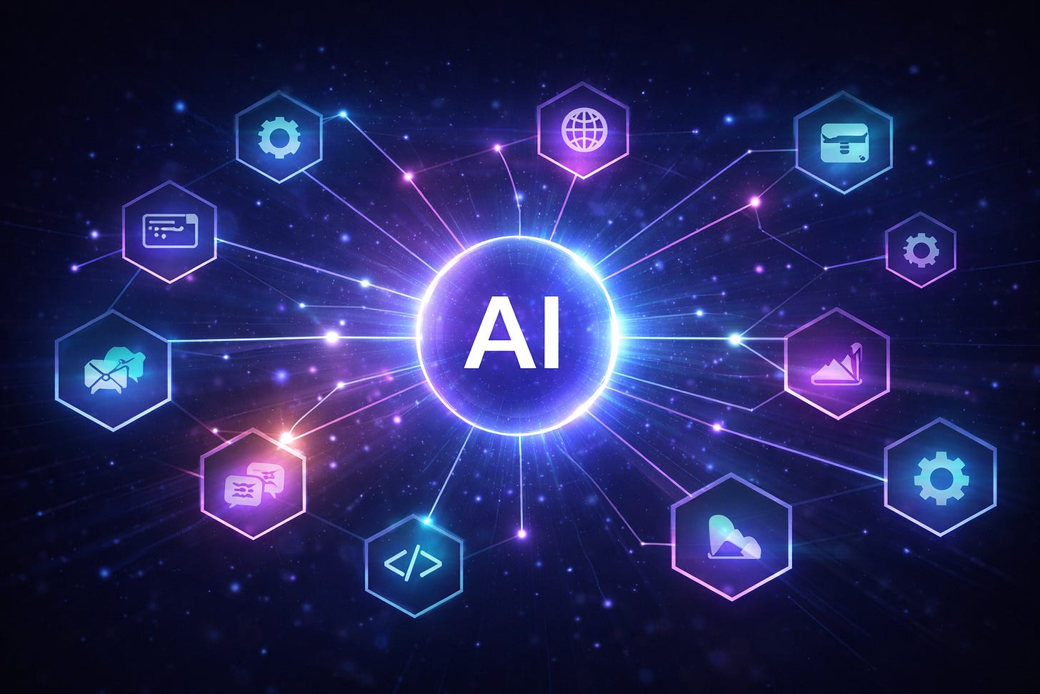 Ilustrație digitală cu un nucleu central marcat „AI”, conectat prin linii luminoase la mai multe noduri hexagonale care sugerează diferite utilizări ale platformelor AI, precum research, redactare, automatizare, imagini, video, cod și productivitate.