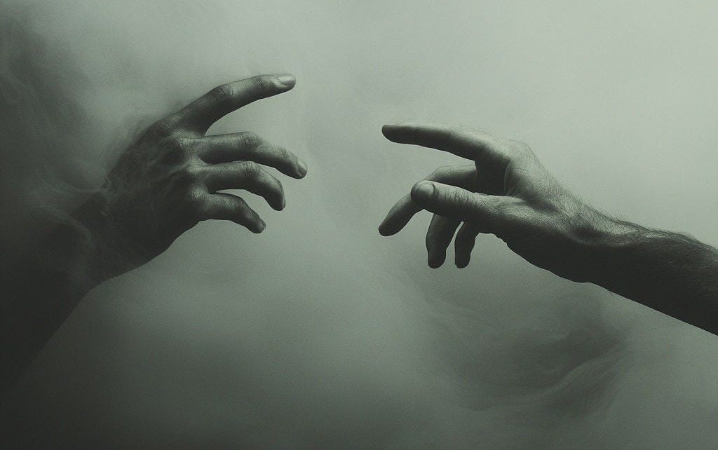 two hands reaching through mist to touch