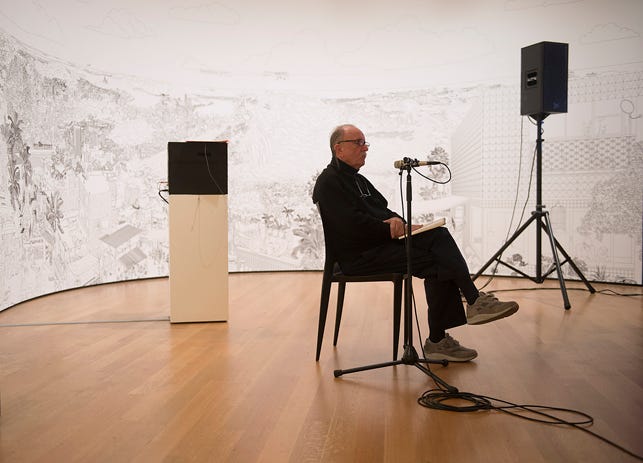 Alvin Lucier recording I Am Sitting in a Room at The Museum of Modern Art, New York, on Saturday, December 20, 2014. Assisted by James Fei and accompanied by his wife Wendy Stokes. Photo: Amanda Lucier. © 2015 Amanda Lucier