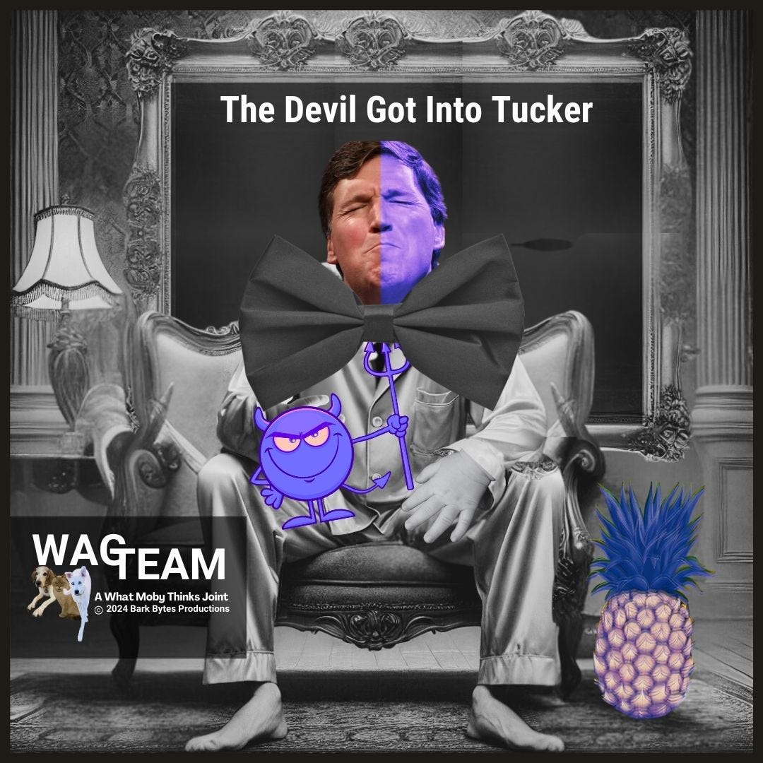 A surreal portrait of Tucker Carlson in his natural habitat: perched on a Victorian chair with a comically oversized black bow tie, while a tiny purple devil mascot realizes he's been outmaneuvered. A random pineapple witnesses the whole scene, presumably questioning its life choices. The WAG TEAM logo suggests this isn't your typical descent into madness.