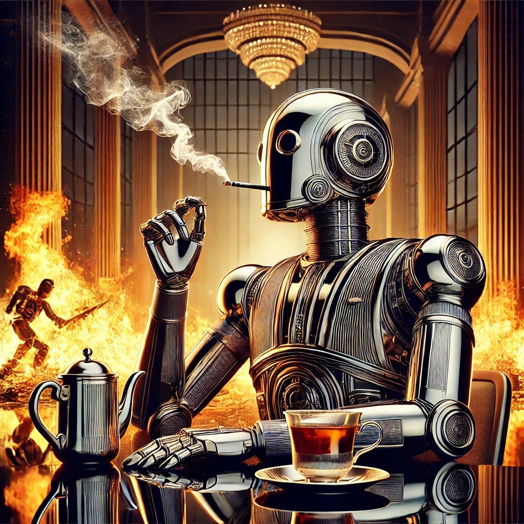 A photorealistic Art Deco-style illustration of a robot enjoying a cigarette and drinking tea while the world burns around it. The robot has a sleek, metallic design with intricate engravings and a sophisticated posture, evoking a sense of calm and pleasure. The flames and destruction in the background contrast sharply with the robot’s relaxed demeanor. The lighting is dramatic, with reflections on the robot's polished surface enhancing the Art Deco aesthetic.