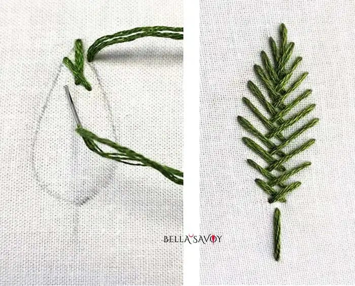 steps to making on open fishbone stitch leaf on the left. Complete leaf on the right