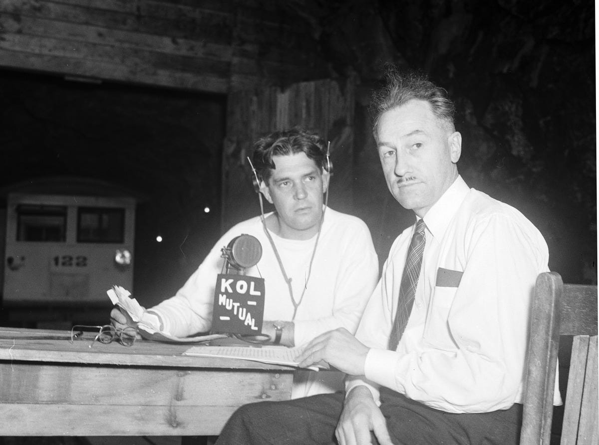 Photo: Seattle Municipal Archives / Wikimedia Commons (CC BY 2.0) Announcer Dudley Williamson and Seattle City Light Superintendent Eugene Hoffman broadcasting The Romance of Power live from the Skagit on KOL, Seattle, Washington, U.S., 1939. The broadcasts went out nationally on the Mutual Broadcasting System .