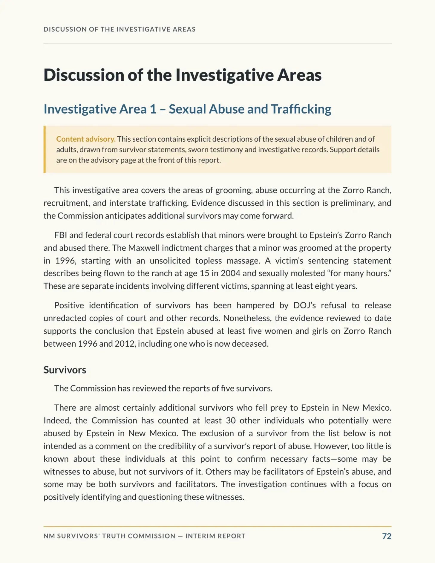 Page 72 of the New Mexico Truth Commission report discussing five survivors and 30 additional people connected to Zorro Ranch.