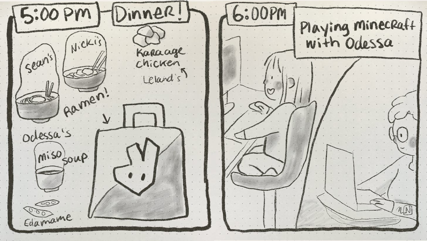 A 2 panel comic. Panel 1: 5pm. Shows an image of a deliveroo bag and then the contents which are 2 ramens, kara age chicken, miso soup, and edamame. It says “dinner!” The 2nd panel says “6pm, playing Minecraft with Odessa” and shows a mum and daughter playing sitting in front of computers.