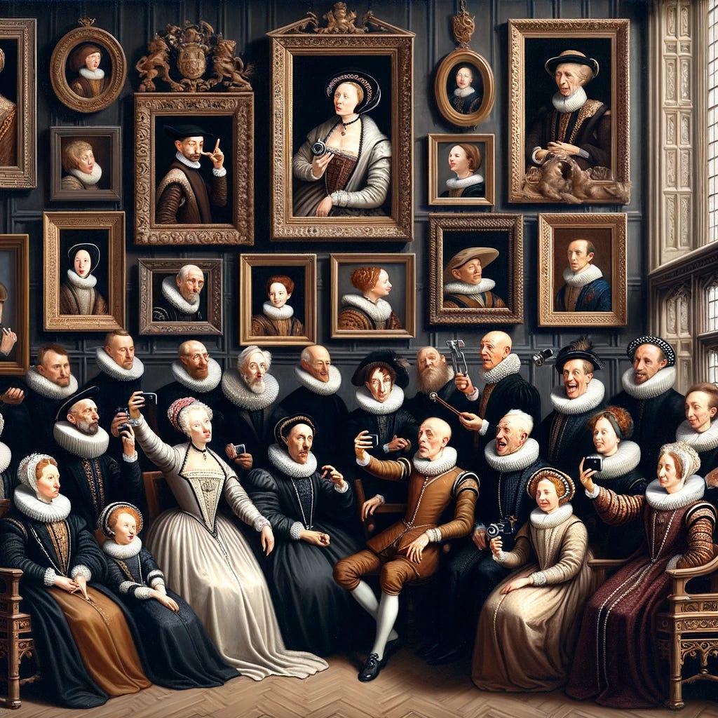 Zoom in on the scene from the grand portrait hall of a Tudor-era palace, focusing more closely on the collection of portraits to capture the essence of each individual's self-expression. The portraits, styled in the manner of Thomas Gainsborough with an air of elegance and sophistication, now reveal more vivid details of their unique poses. Each ancestor portrait is clearly engaged in the act of taking a selfie, with their arms extended to hold the imaginary camera, capturing this whimsical moment in time. Among them, some figures are playfully sticking out their tongues, adding a touch of irreverence and humor to the scene. The intricate frames that encase each portrait add a layer of historical authenticity, while the expressions and gestures of the subjects infuse the setting with a modern, playful spirit. This closer view allows us to appreciate the anachronistic blend of formal portraiture with the casual, spontaneous nature of contemporary selfie culture.