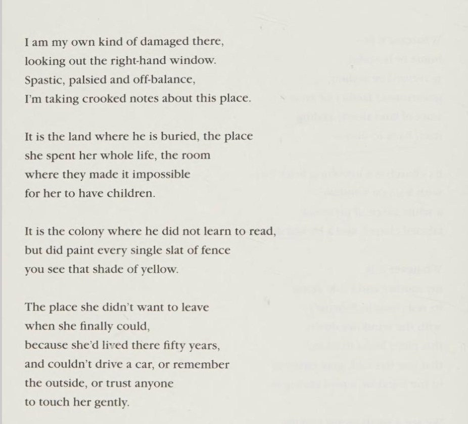 I am my own kind of damaged there, looking out the right hand window. Spastic, palsy and off-balance, I’m taking crooked notes about this place. It is the land where he is buried, the place she spent her whole life, the room where they made it impossible for her to have children. It is the colony where he did not learn to read, but did paint every single slat of fence you see that shade of yellow. The place she didn’t want to leave when she finally could, because she’d lived there 50 years, and couldn’t drive a car, or remember the outside, or trust anyone to touch her gently.