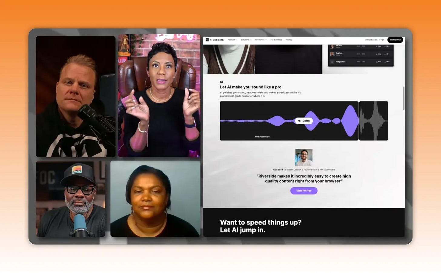 Clear Riverside website screenshot showing a prominent purple waveform player, testimonial and call-to-action beside a four-person panel.