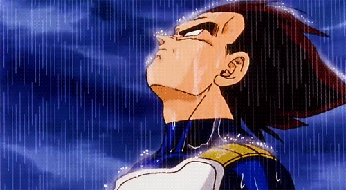 This may contain: an anime character with black hair and blue eyes looking up at something in the sky