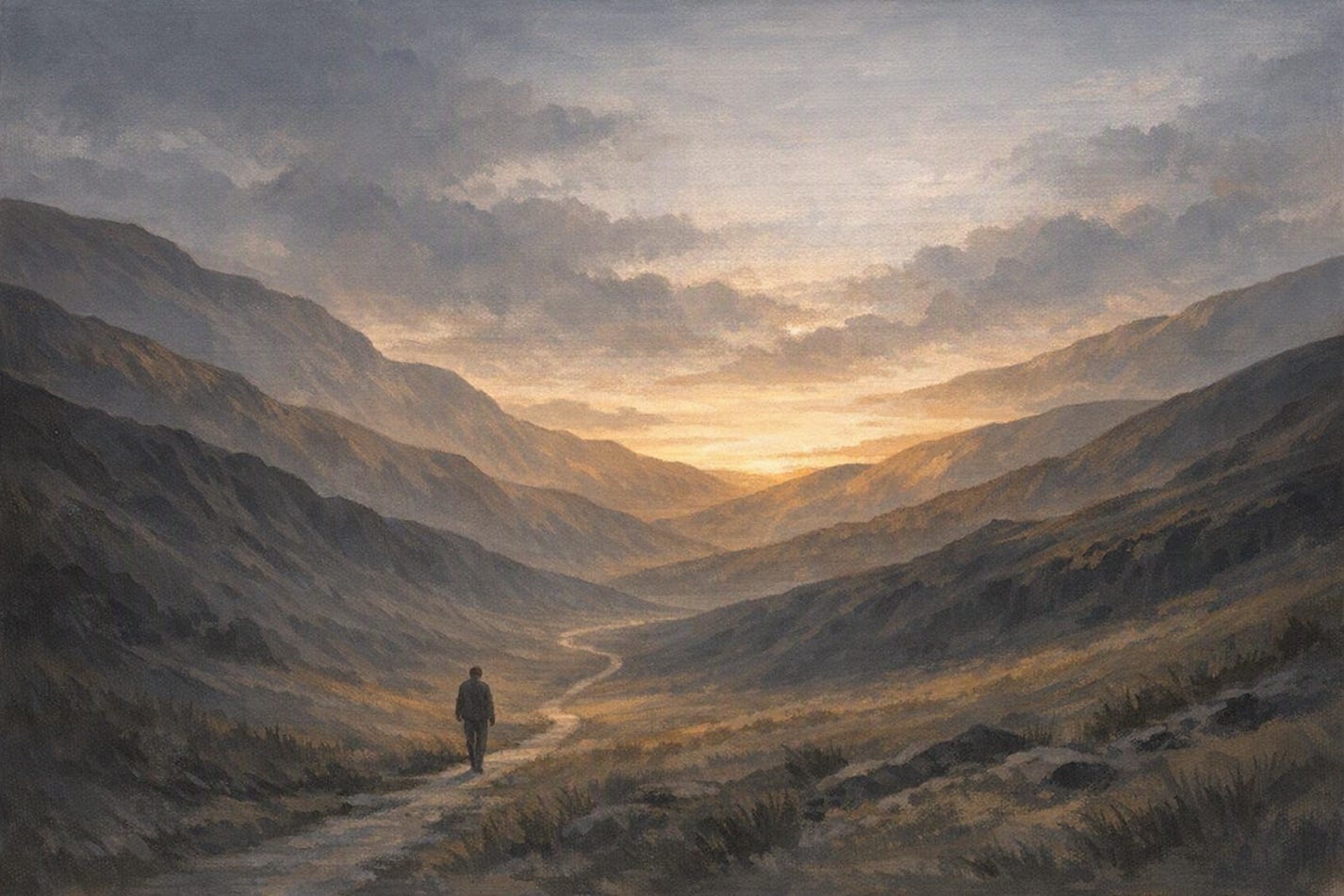 A solitary figure walking through a shadowed valley between rolling peaks toward dawn light on the horizon
