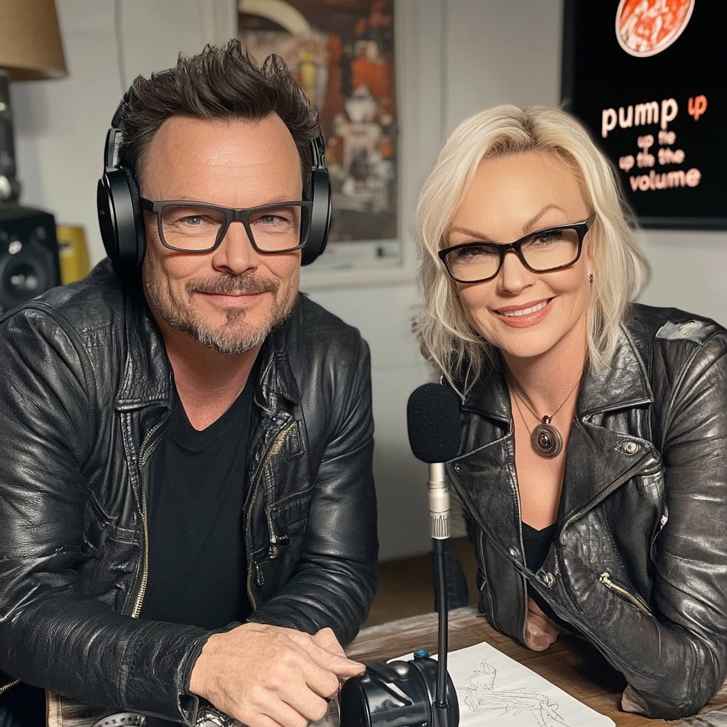 A reimagined image of Mark and Samantha created using MidJourney, based on characters from The Liat Show, with Mark wearing a dark jacket and Samantha in a patterned top, both set against a softly lit background.